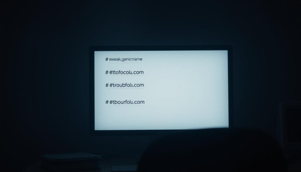 A dimly lit office scene, with a desktop computer on a cluttered desk. The screen displays a series of usernames, each one representing a common design pitfall - a weak, generic name, an overly long and complicated handle, a username that doesn't match the brand's identity. The background is hazy, drawing the viewer's attention to the screen, where the user is carefully examining the problematic usernames. Soft, directional lighting casts shadows across the desk, creating a pensive, contemplative mood. The overall composition suggests the importance of thoughtful username selection in building a successful online presence.