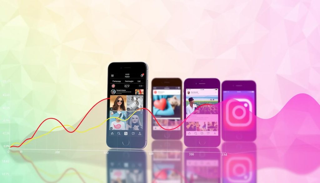 A dynamic digital landscape showcasing the engagement and reach dynamics between two leading social media platforms, Pinterest and Instagram. In the foreground, a vibrant graph visualizes the metrics of user interactions, likes, and shares, with distinct color-coded lines representing the performance of each platform. In the middle ground, a series of smartphone devices display real-time feed updates, highlighting the visual content and user engagement. The background features a seamless blend of abstract geometric patterns, conveying the idea of interconnectedness and data-driven insights. The scene is illuminated by a soft, natural lighting, creating a sense of balance and clarity, inviting the viewer to delve deeper into the comparative analysis of these social media giants.