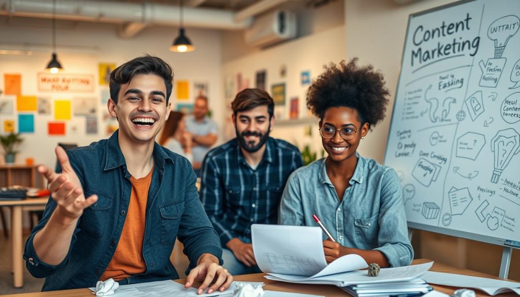 A dynamic office scene with a small team of marketers brainstorming ideas. In the foreground, a young designer gestures enthusiastically, their face animated with a delighted expression. In the middle ground, a copywriter sits with a pensive look, pen in hand, surrounded by scribbled notes and crumpled paper. The background reveals a vibrant, open-concept workspace, with colorful mood boards, inspirational quotes, and a large whiteboard covered in playful sketches. Soft, diffused lighting creates a warm, creative atmosphere, inviting the viewer to feel the energy and emotion of the content marketing process.