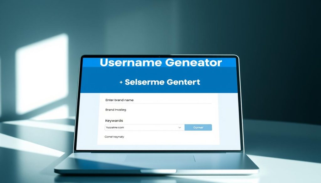 A modern, sleek user interface showcasing a dynamic username generator for a brand identity. In the foreground, a smooth, minimalist laptop screen displays a visually appealing form with fields for entering brand name and keywords. The middle ground features a clean, geometric layout with bold, clear typography highlighting the "Username Generator" functionality. The background subtly incorporates the brand's color palette, creating a cohesive and professional aesthetic. Soft, directional lighting from the left illuminates the scene, casting gentle shadows that add depth and dimension. The overall mood is one of efficiency, innovation, and brand-building potential.