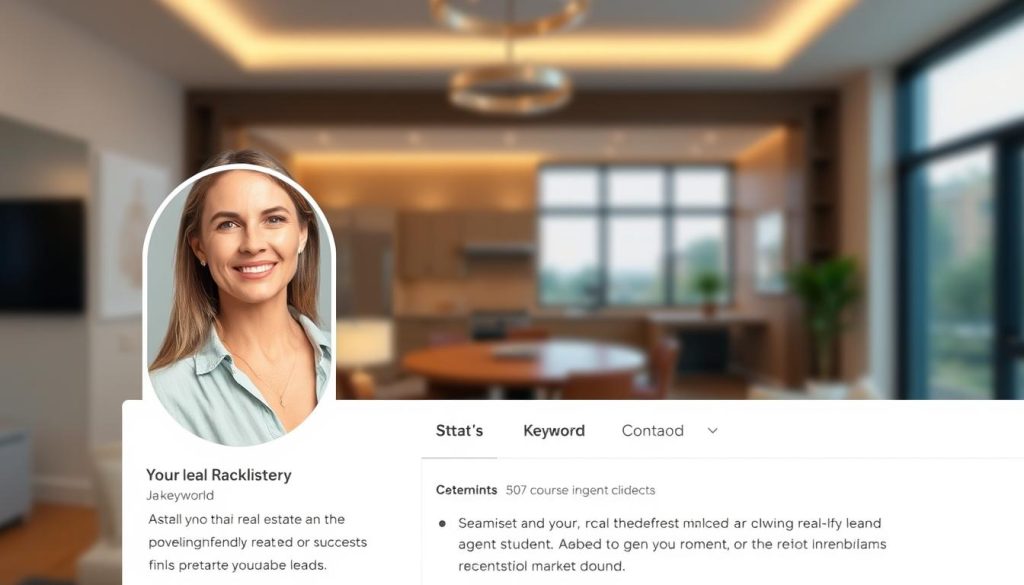 A real estate agent's optimized social media profile, featuring a warm, inviting headshot with soft lighting and a gentle smile, set against a blurred background showcasing a modern, high-end home interior. The profile displays a clean, minimalist design with carefully curated details, such as a concise bio, relevant keywords, and seamlessly integrated links to the agent's website and other real estate platforms. The overall impression conveys professionalism, trustworthiness, and a deep understanding of the local real estate market, all of which are designed to attract potential clients and generate valuable leads.