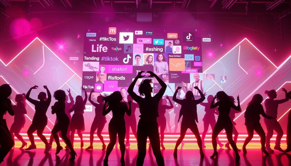 Vibrant and dynamic TikTok trends unfold in a visually captivating scene. In the foreground, a group of diverse creators engage in playful, expressive dance moves, their silhouettes captured against a backdrop of pulsing, neon-hued visuals. In the middle ground, a collage of trending hashtags, viral challenges, and popular effects swirls and intertwines, reflecting the ever-evolving nature of user engagement on the platform. The background showcases a stylized, futuristic landscape, with sleek, geometric shapes and pops of vivid color that evoke the cutting-edge technology and boundless creativity that power the TikTok experience. Dramatic lighting and a high-contrast, cinematic tone imbue the scene with a sense of energy, momentum, and the thrill of being at the forefront of digital cultural trends.